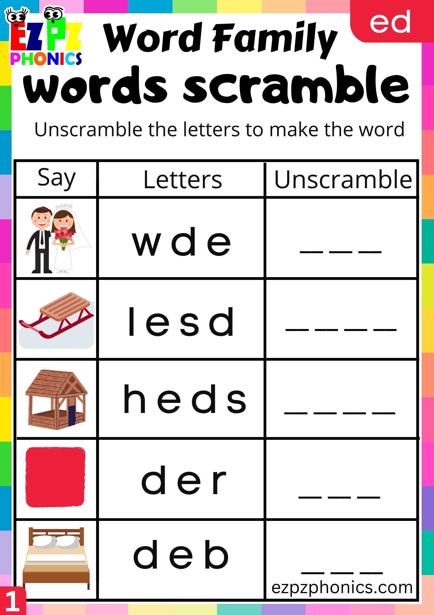 ED Words Words Scramble Phonics Word Families Worksheet - Ezpzphonics.com